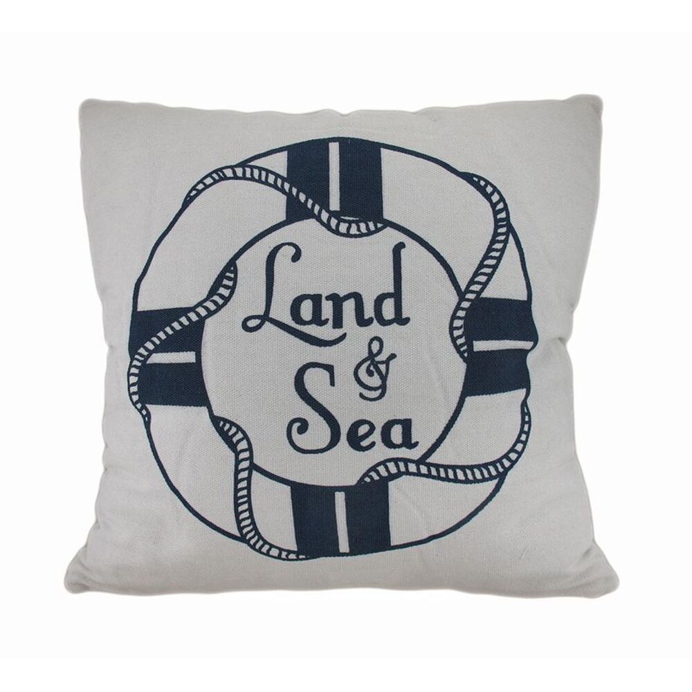 Land and Sea White and Blue Life Preserver Decorative Throw Pillow 16in.